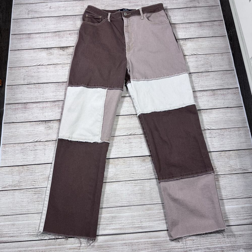 Hollister Ultra High-Rise Dad Jean Women's W30 Brown Patchwork Raw Hem Shorted